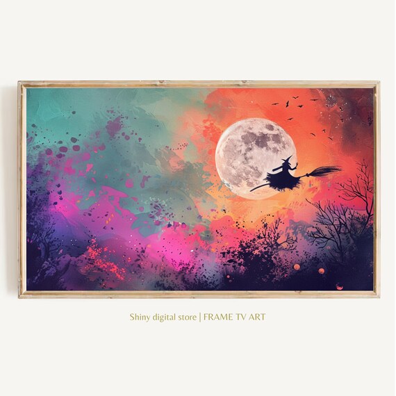 Flying Witch Silhouette Full Moon Colorful Watercolor Halloween Wall Art