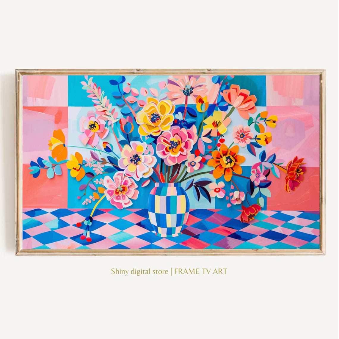 Checkered Vase Bouquet Pop Art Floral Colorful Maximalist Wall Poster