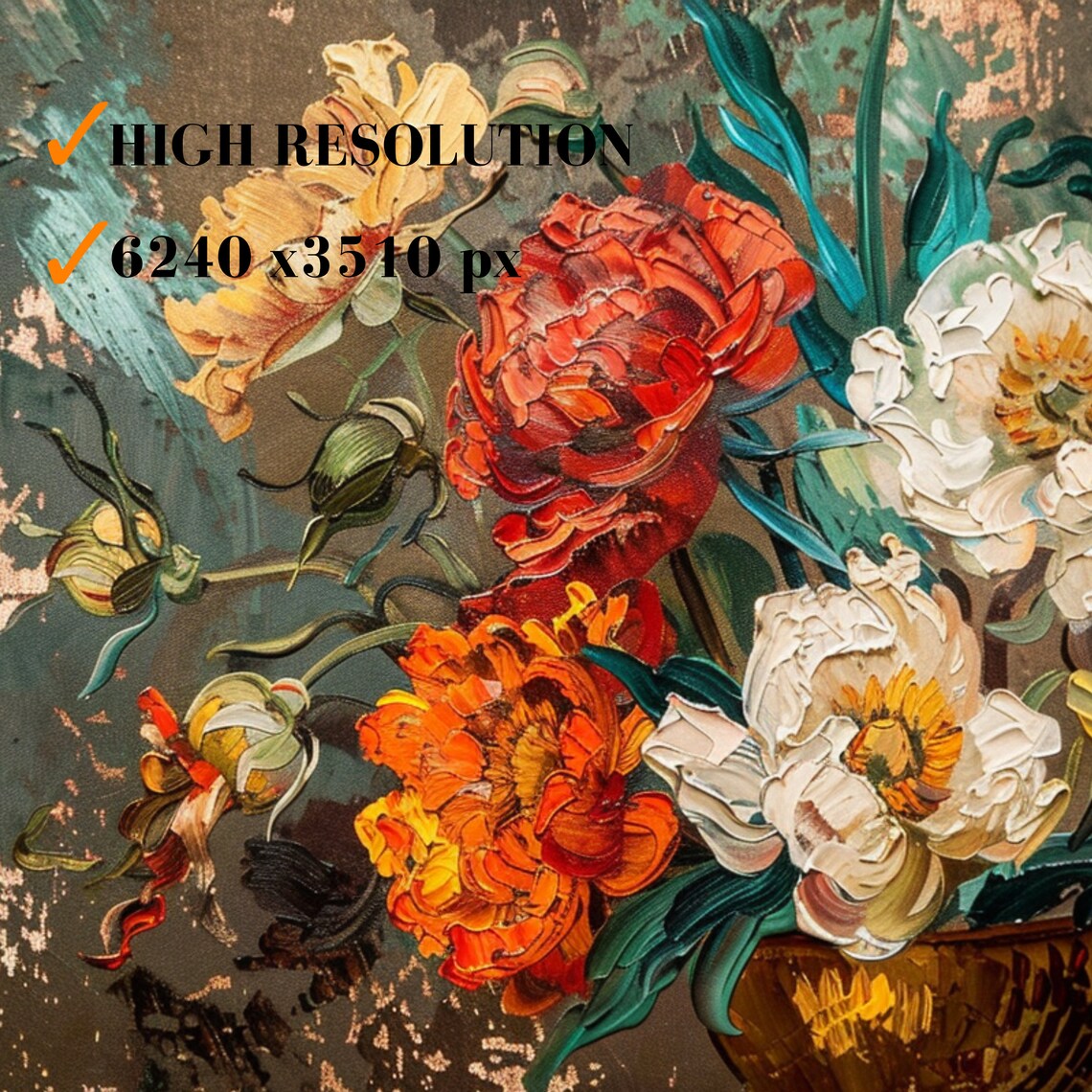 Vintage Peonies Bouquet White Red Flowers Moody Oil Painting Poster - Image 3