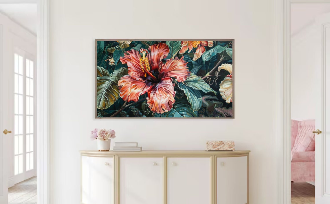 Tropical Hibiscus Bloom Botanical Painting Deep Green Jungle Art Print - Image 2