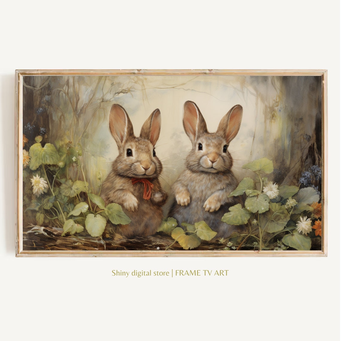 Two Cute Fluffy Bunnies Spring Garden Easter Bunny Rabbit Wall Art