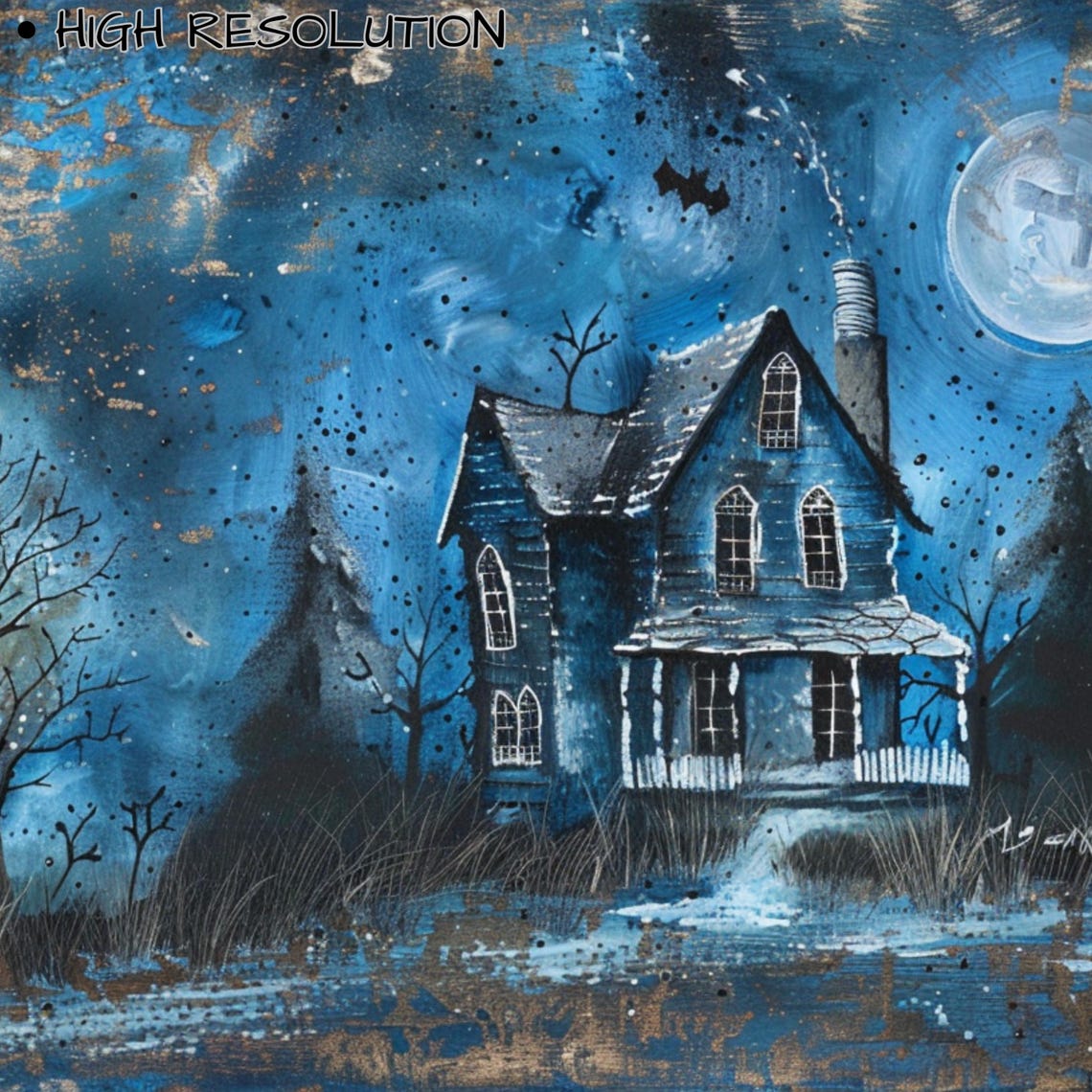 Spooky Blue Haunted House Full Moon Bats Halloween Painting Poster - Image 3