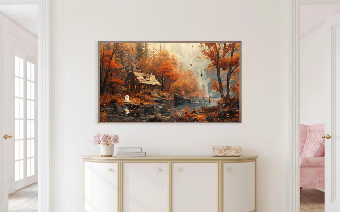 Ghost By Autumn Cabin Stream Waterfall Fall Foliage Painting Poster - Image 2