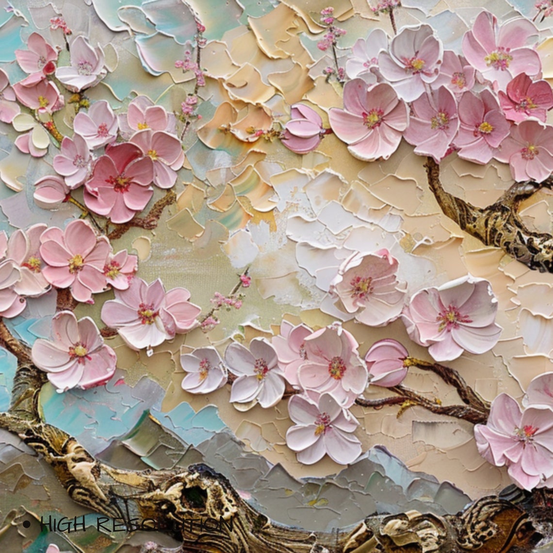 Pink Cherry Blossoms On Branch Soft Pastel 3D Textured Painting Poster - Image 3