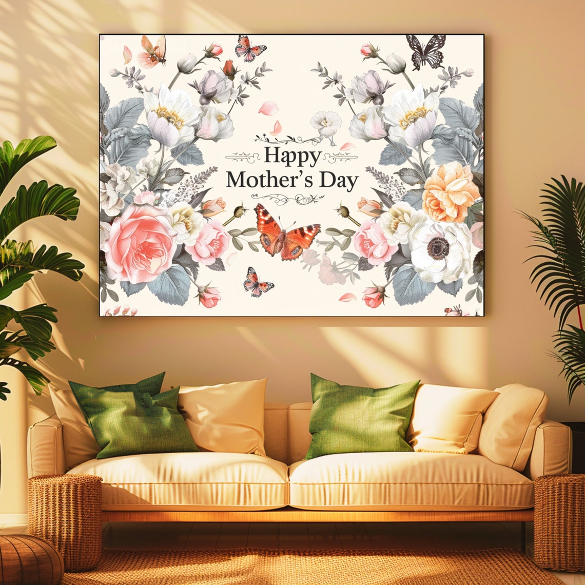 Happy Mothers Day Vintage Roses Butterflies Floral Greeting Art Poster - Image 2