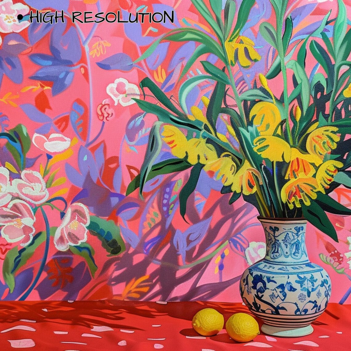 Vivid Pink Floral Scene with Vase of Yellow Flowers and Lemons Poster - Image 3