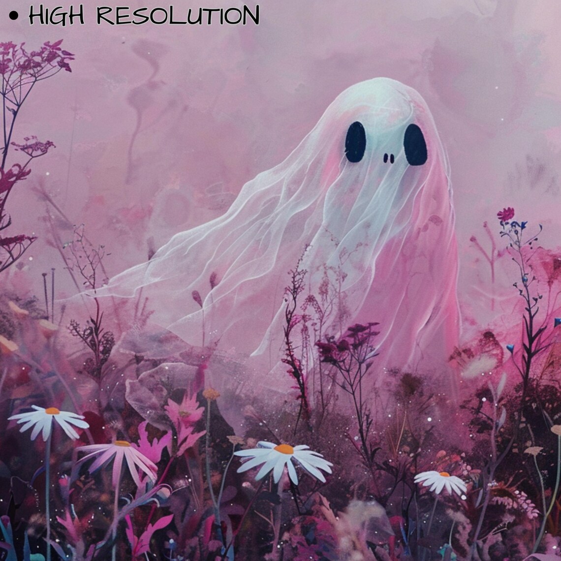 Ghost In Pink Wildflower Field Daisies Dreamy Halloween Art Poster - Image 3