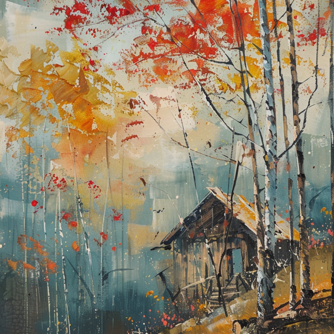 Autumn Birch Forest Cabin Fall Foliage Orange Red Trees Poster - Image 3