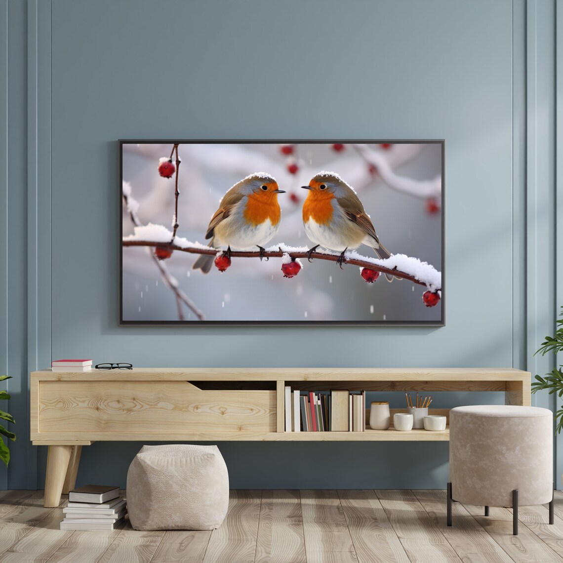 European Robin Pair Snowy Winter Branch Christmas Bird Wall Art - Image 3