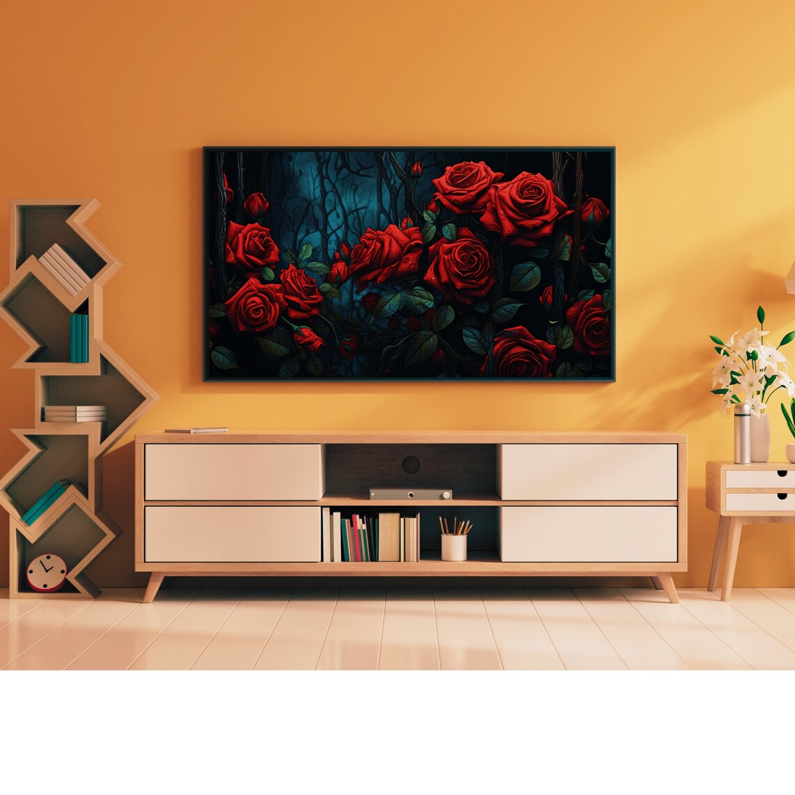 Velvety Red Roses Dark Blue Background Moody Romantic Floral Frame TV Print - Image 3