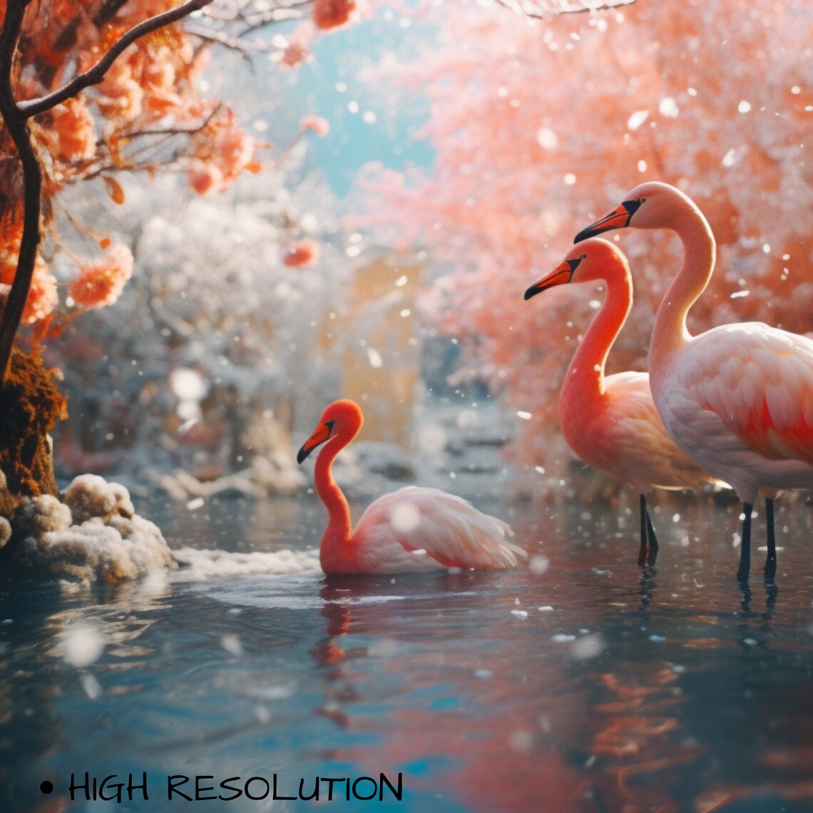 Pink Flamingos Blossom Lake Wading Tropical Watercolor Art Poster - Image 3