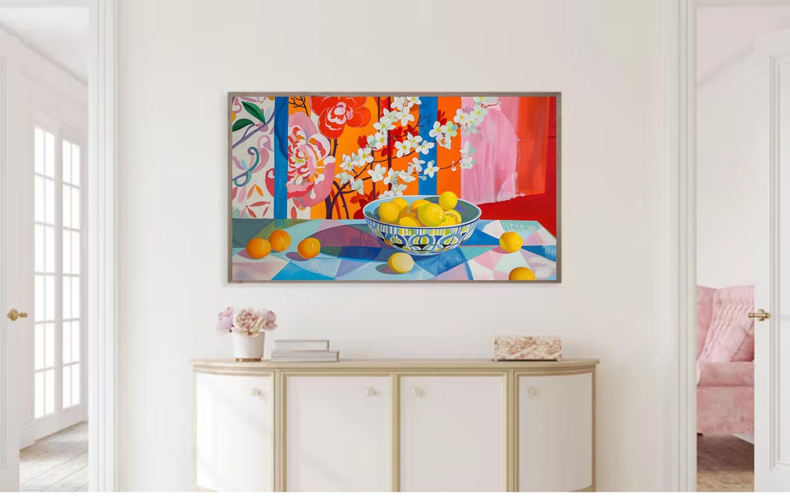 Bowl of Lemons with Cherry Blossoms Fauvist Colorful Kitchen Wall Art - Image 2
