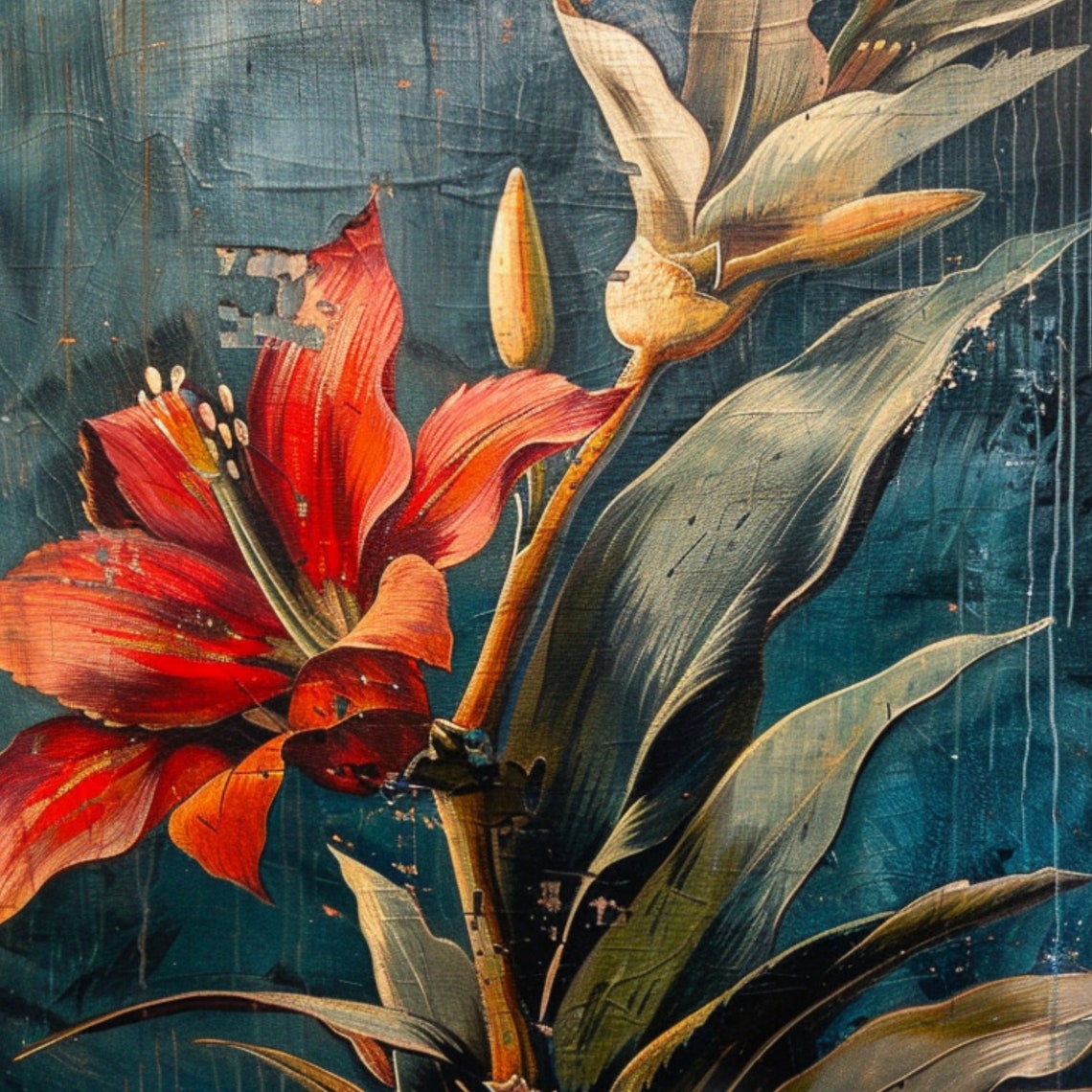 Red Amaryllis Lily Dark Teal Distressed Vintage Botanical Art Poster - Image 3