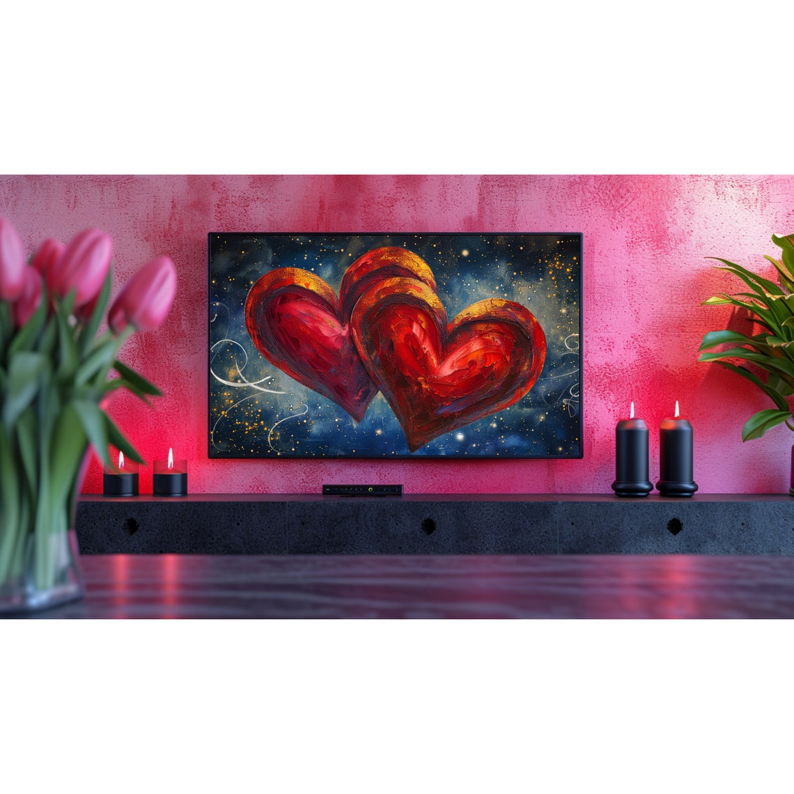 Two Red Hearts Painted Gold Accents Starry Night Sky Love Art Poster - Image 2