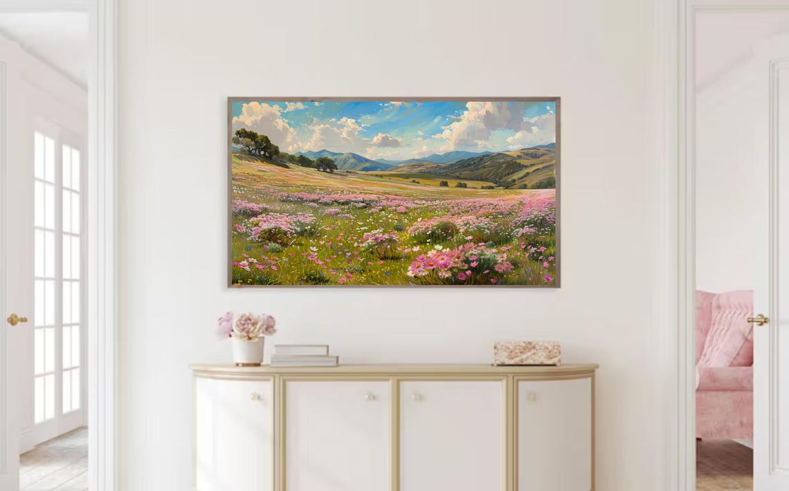 Frame Tv Art Pink Wildflowers Spring Field Of Flowers Tv Art Vintage Meadow Floral Tv Art Cottagecore Tv Art - Image 2
