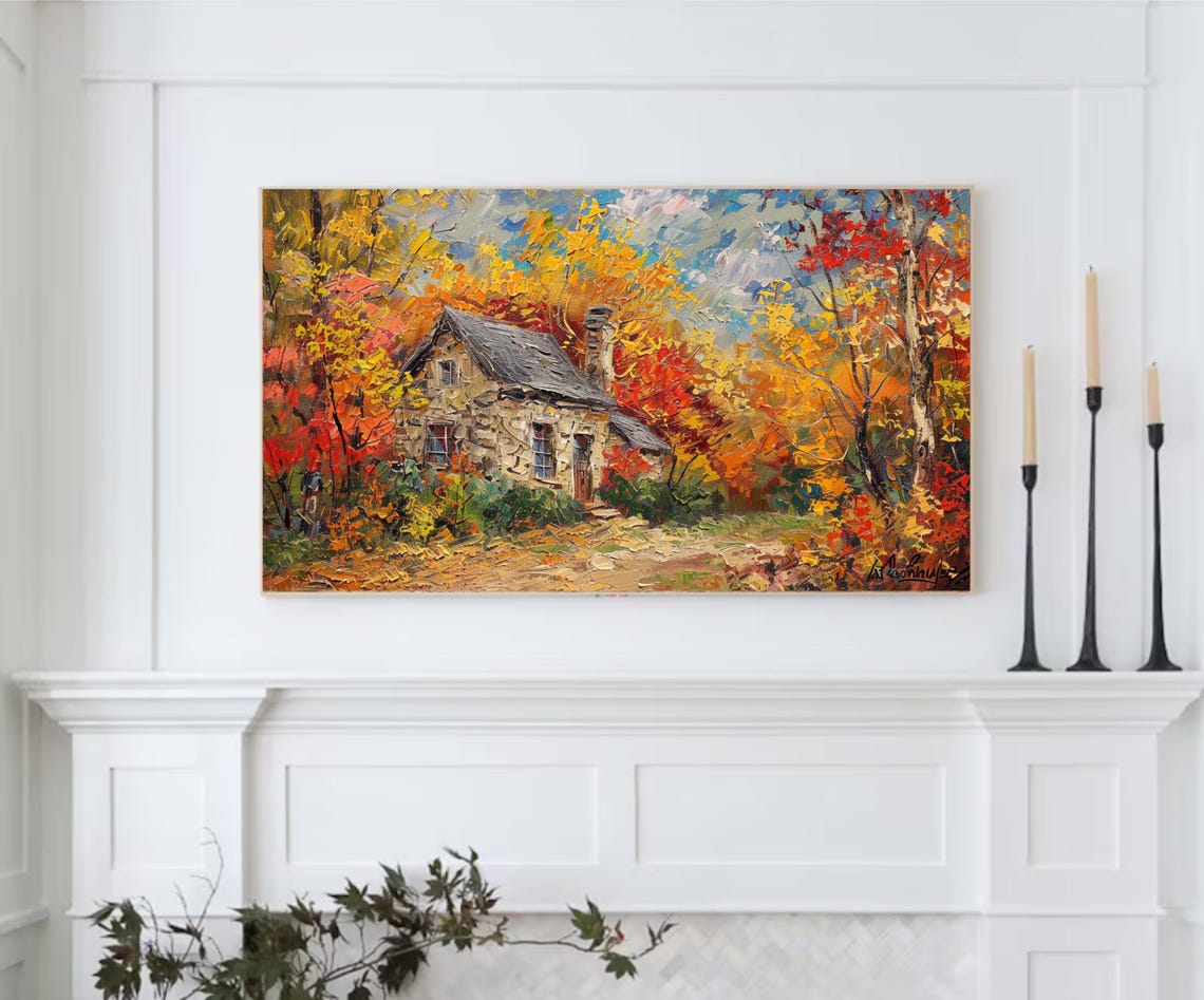 Stone Cottage in Fiery Autumn Forest Impressionist Landscape Wall Art - Image 2