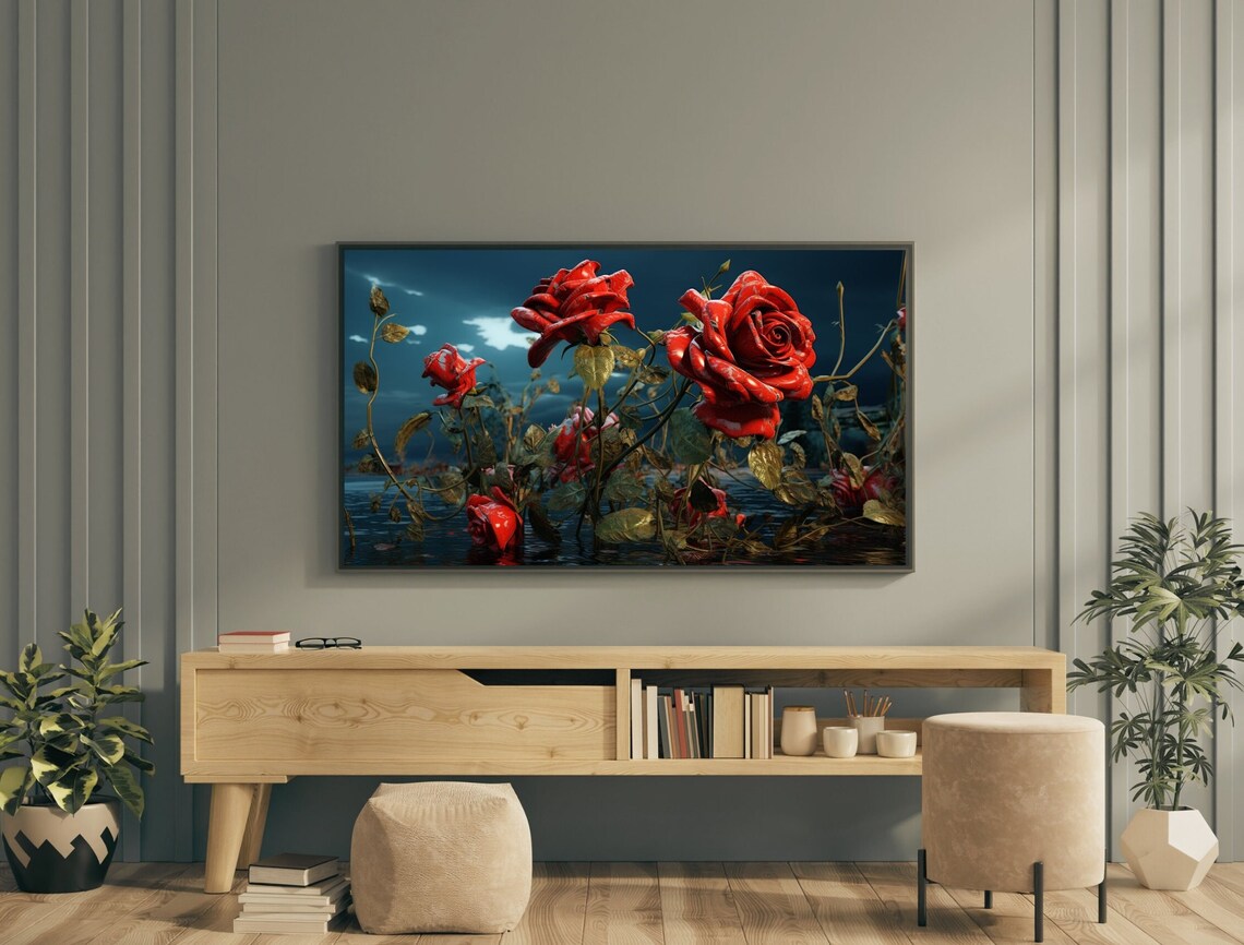 Dramatic Red Roses Moonlit Night Dark Blue Water Romantic Floral Frame TV Print - Image 3