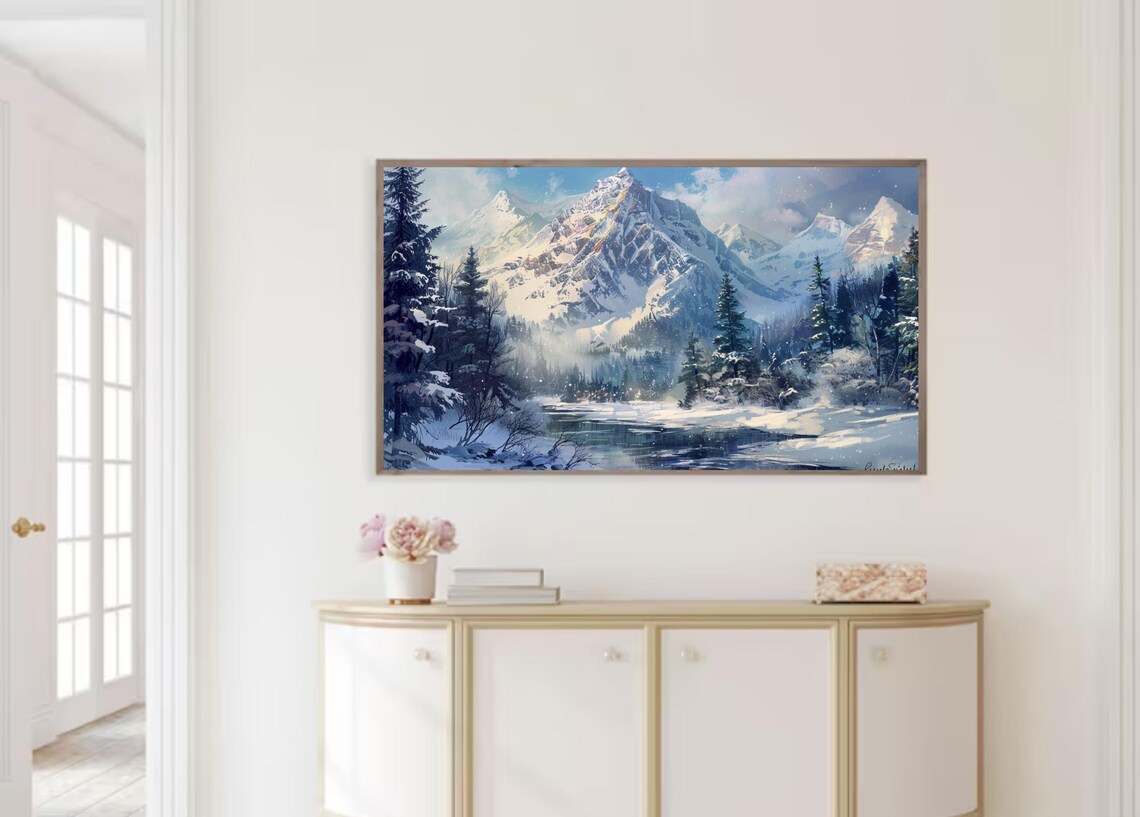 Snow Capped Mountain Valley Frozen Lake Sunny Winter Peaks Art Poster - Image 2