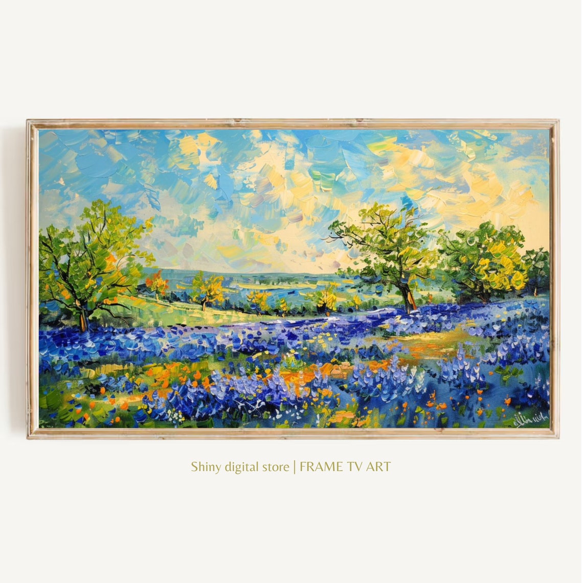 Blue Wildflower Meadow Trees Bright Cloudy Sky Landscape Poster