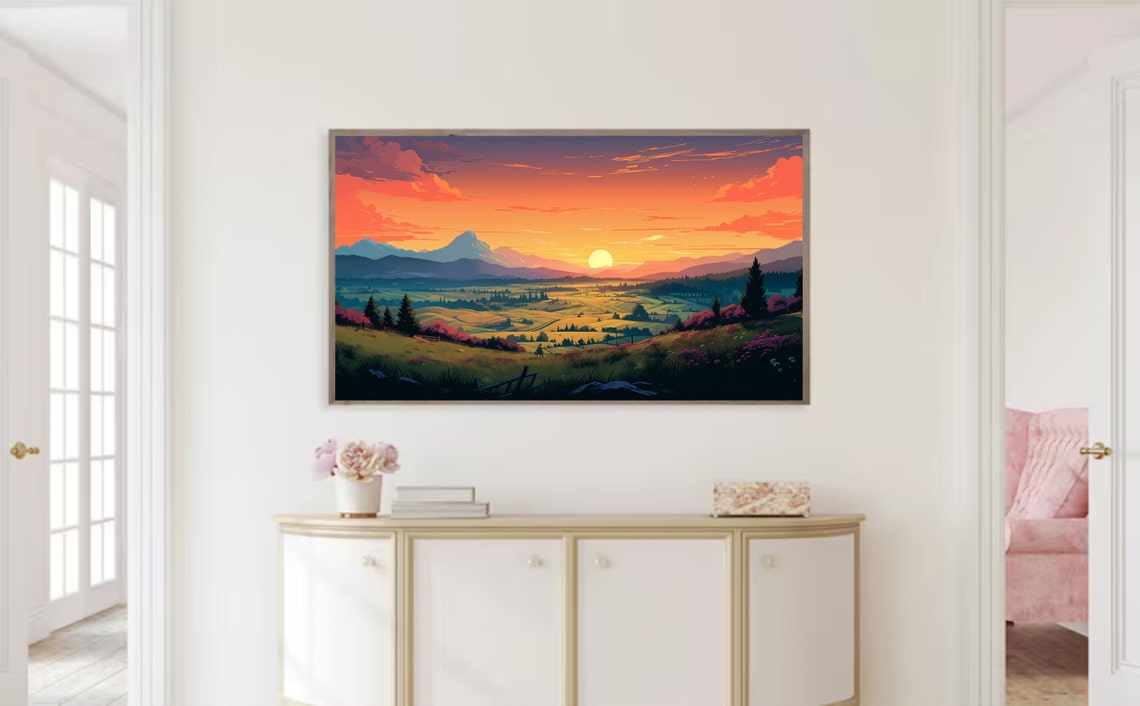 Orange Sunset Patchwork Fields Pine Trees Mountain View Art Poster - Image 2