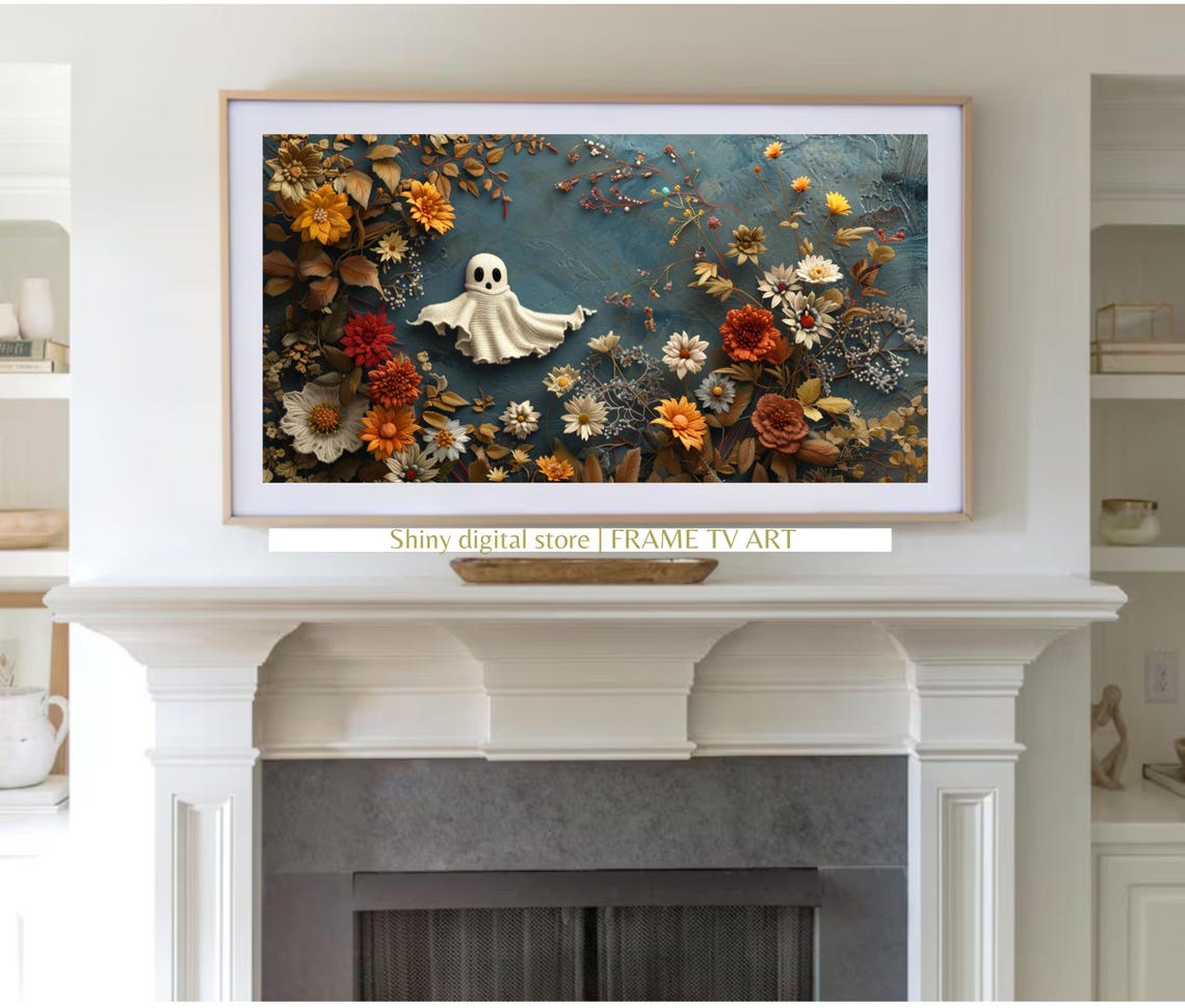 Halloween Frame Tv Art Instant Cute Ghost Wildflower Embroidery Textured Art For Tv Cottagecore Fall Art - Image 3