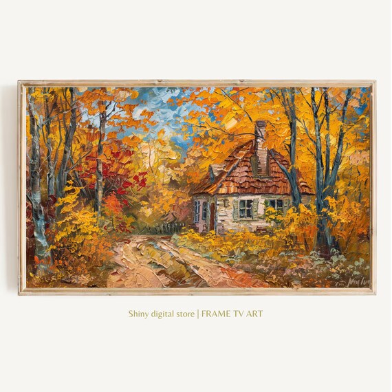 Cozy Autumn Cabin Orange Forest Textured Impasto Fall Landscape Poster