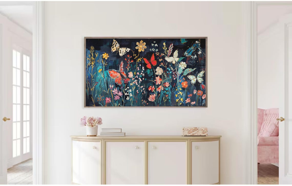 Dark Botanical Butterfly Garden Jewel Toned Wildflower Art Poster - Image 2