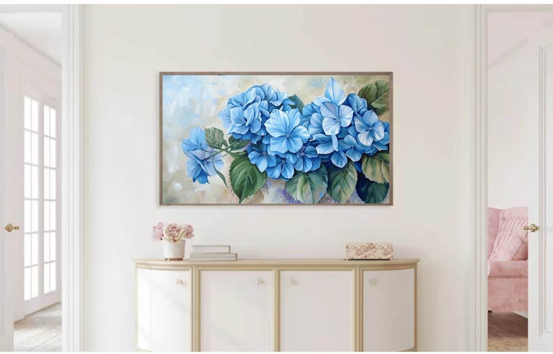 Blue Hydrangea Bouquet Green Leaves Light Blue Floral Painting Print - Image 2