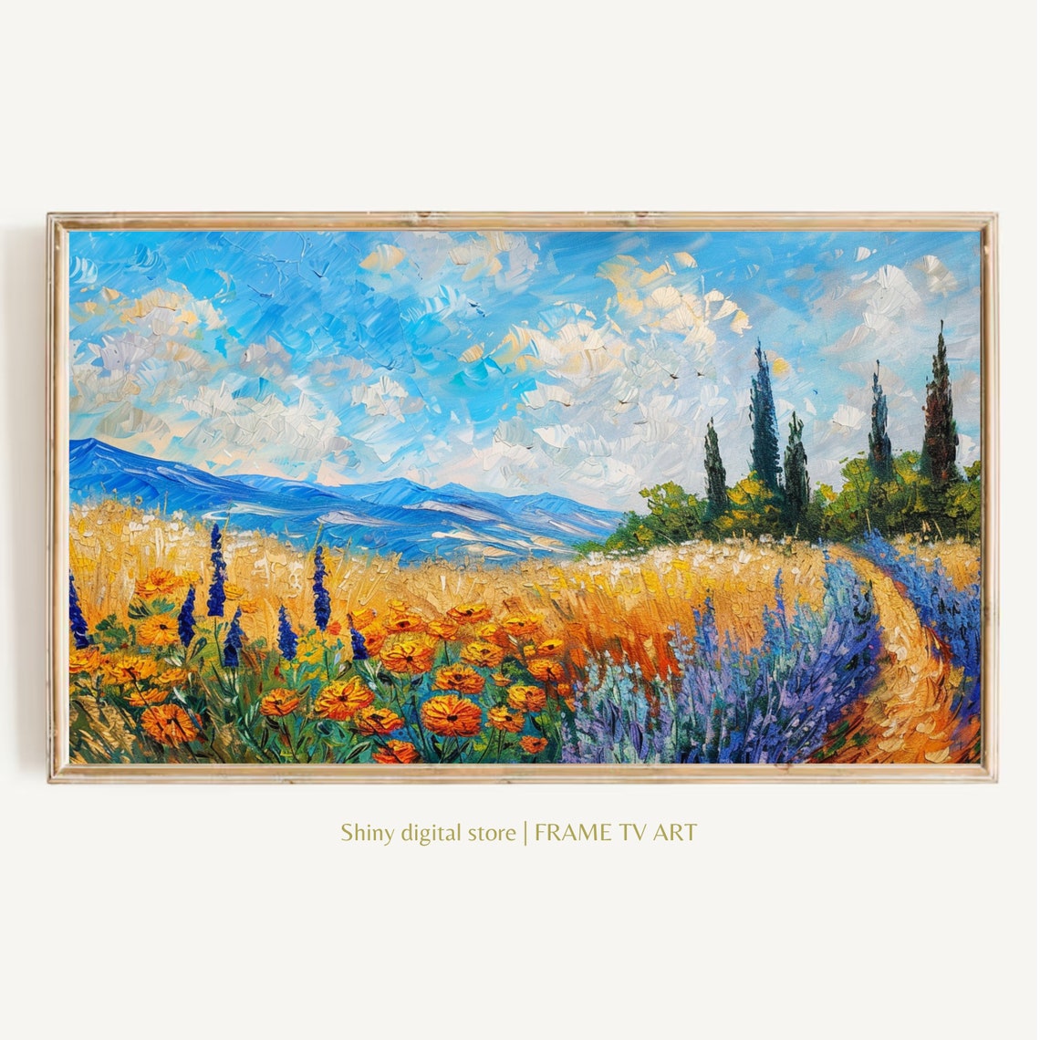 Tuscan Wheat Field Wildflowers Cypress Trees Mountain Landscape Poster