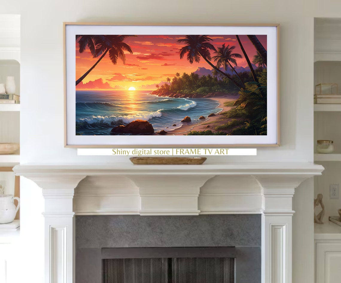 Tropical Cove Sunset Leaning Palms Turquoise Waves Illustration Poster - Image 3
