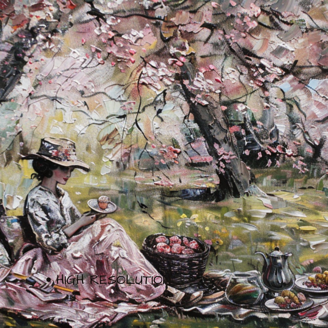 Victorian Woman Cherry Blossom Picnic Oil Painting Spring Poster - Image 3