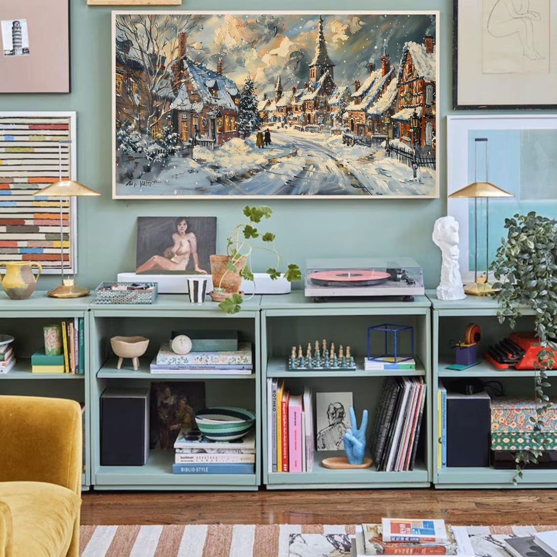 Winter Frame Tv Art Christmas Village Painting Xmas Houses Winter Snow Art File For Tv Neural Toned Tv Art - Image 2