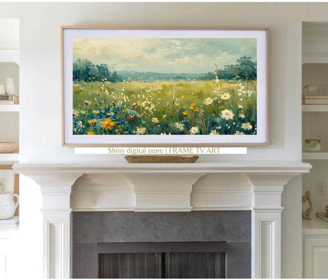 Spring Frame Tv Art Wildflower Field Oil Painting Flower Meadow Neutral Farmhouse Decor Country Oil Painting - Image 3