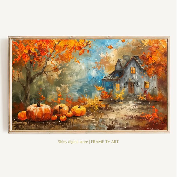 Autumn Barn Glowing Windows Pumpkins Moody Fall Harvest Painting Art Poster
