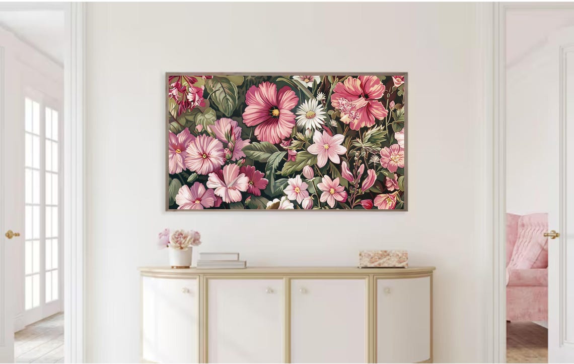 Frame Tv Art Pink Wildflowers Spring Field Of Flowers Tv Art Vintage Meadow Floral Tv Art Cottagecore Tv Art - Image 2