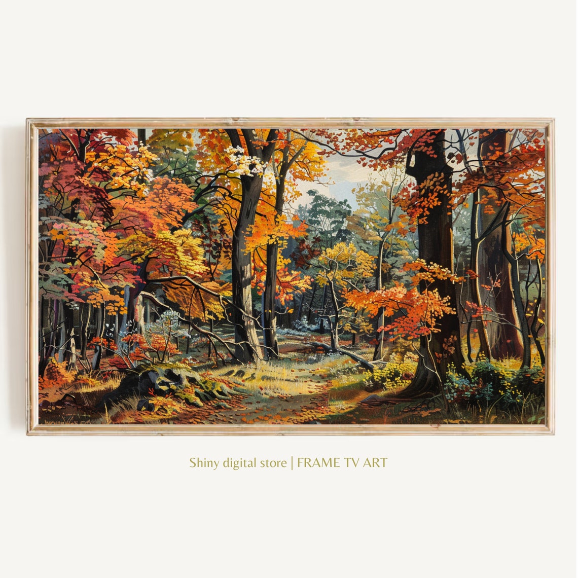 Autumn Forest Sunlit Path Golden Canopy Fall Woods Painting Poster