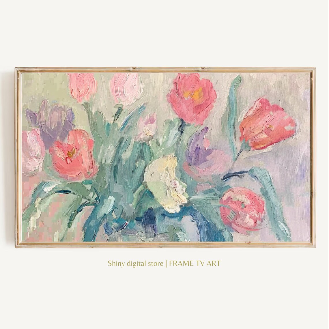 Coral Pink Tulips Fresh Green Leaves Spring Garden Painting Poster