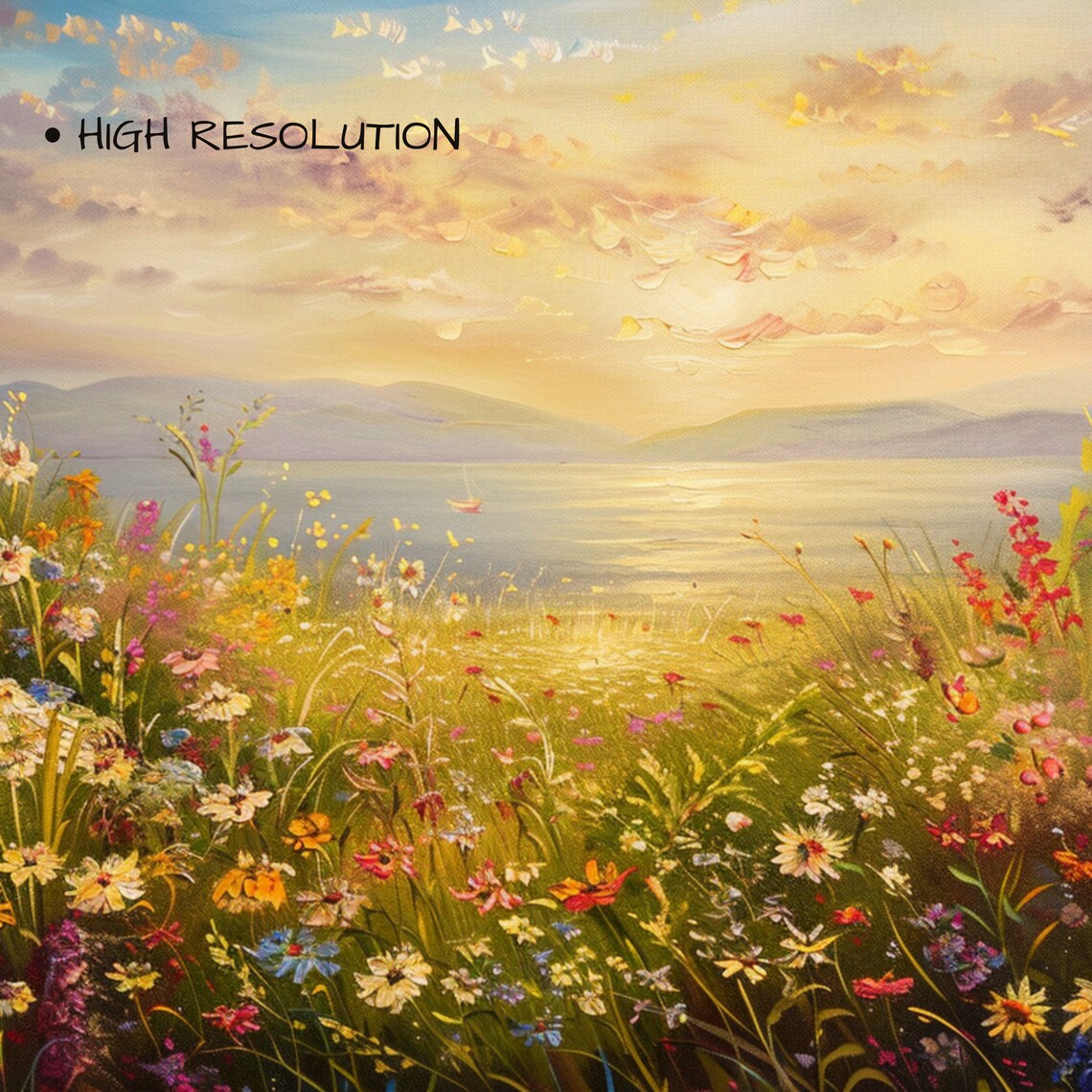 Wildflower Meadow Sunset Over The Sea Vintage Oil Painting Poster - Image 3