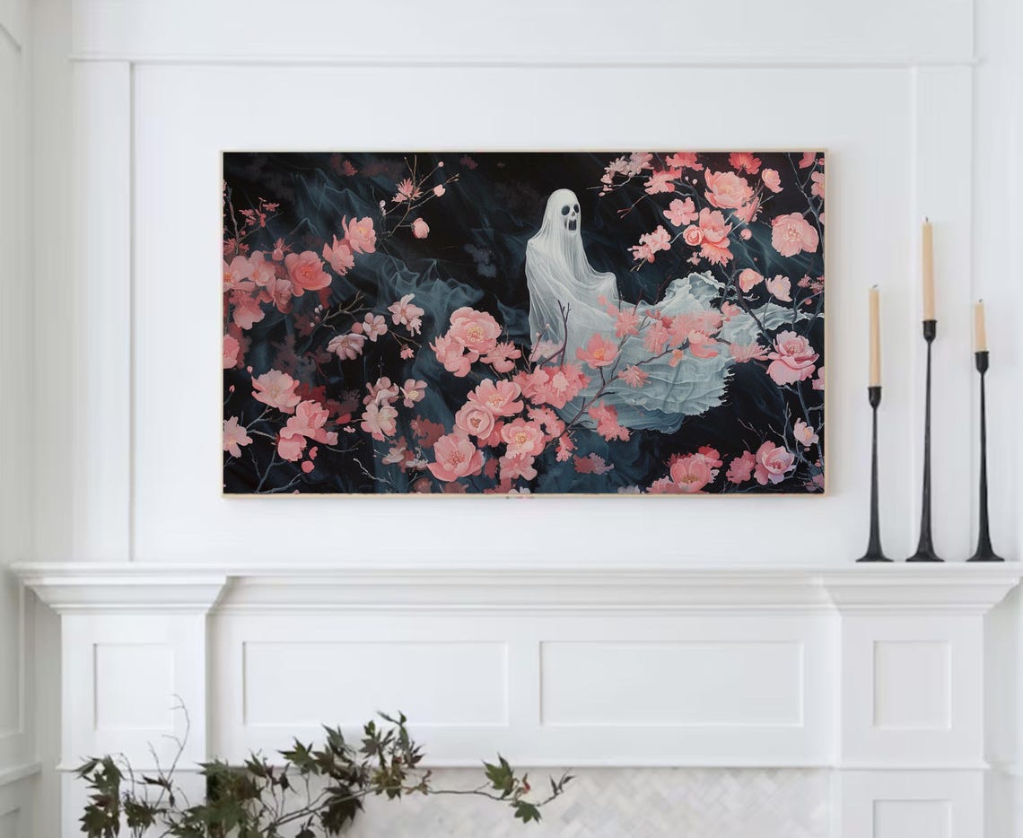 Ghost Among Pink Blossoms Dark Moody Halloween Floral Art Poster - Image 2