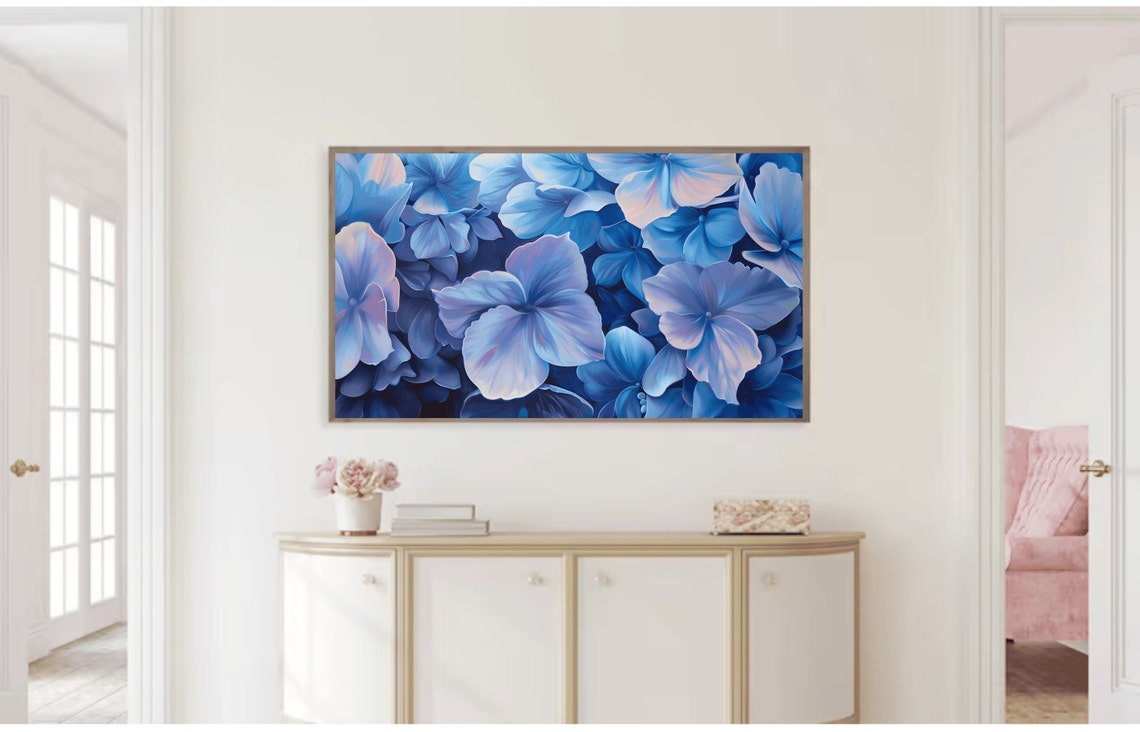 Blue Hydrangea Flowers Close Up Painting Soft Violet Blooms Art Print - Image 2