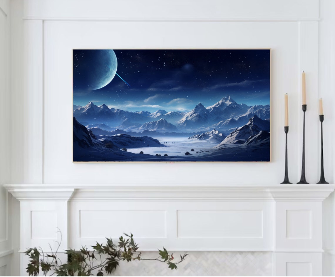 Snowy Mountain Night Giant Moon Planet Starry Sky Space Art Poster - Image 2