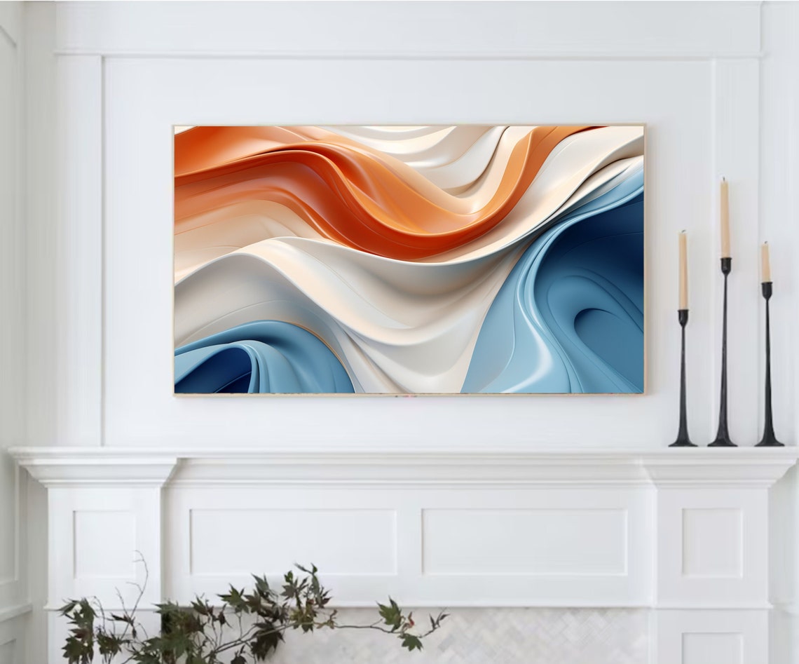 Orange Blue White Fluid Silk Abstract Modern Colorful Wall Art - Image 2