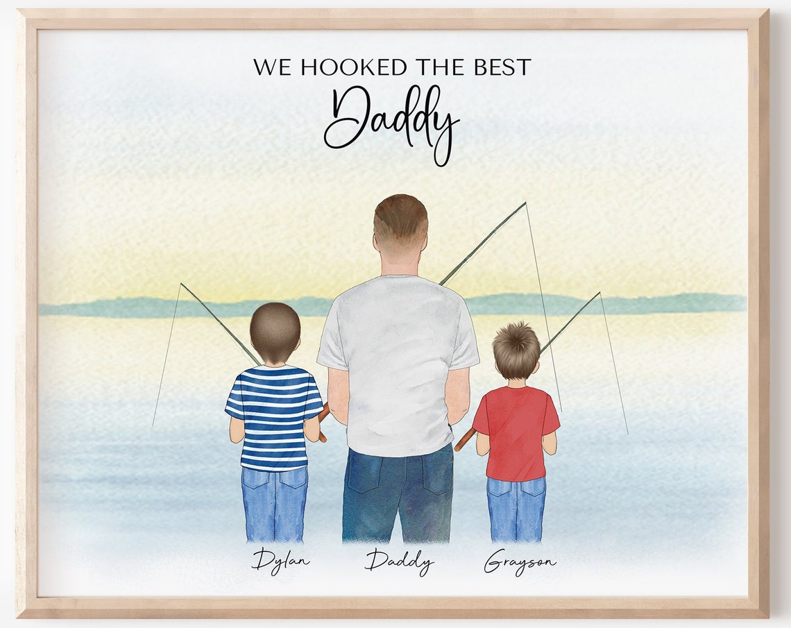 Custom Dad Kids Fishing Drawing Personalized Fishing Portrait Dad Grandpa Gift Fishing Print Hooked On Dad Custom Family Fishing Wall Art