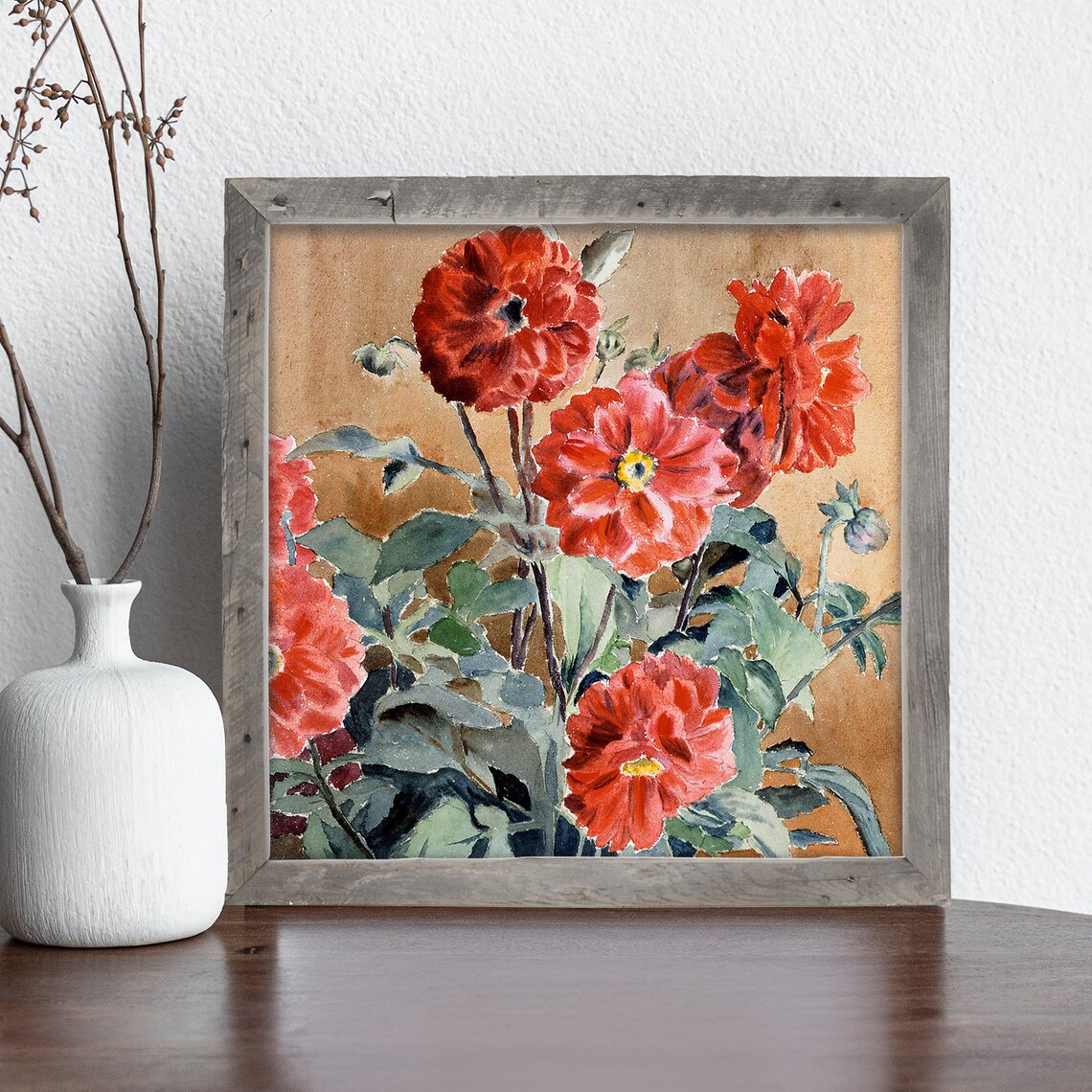 Red Mums Watercolor Botanical Wall Art Poster - Image 2