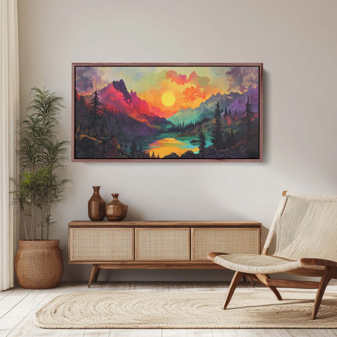 Glowing Sun Rising Over Red Mountain Peaks Alpine Lake Poster - Image 3