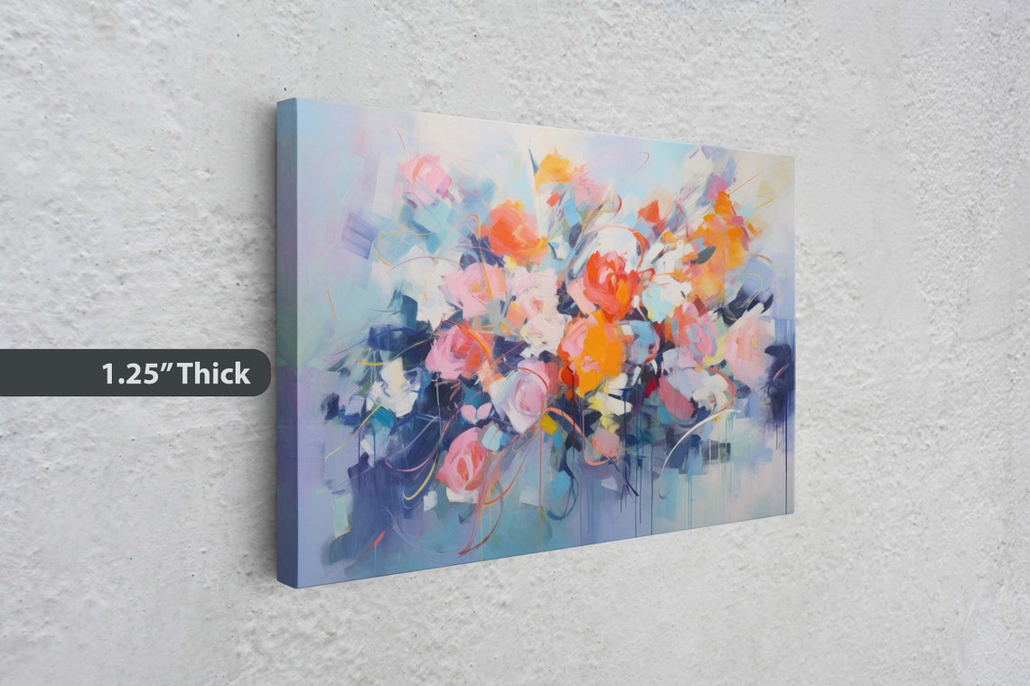 Abstract Floral Bouquet Vivid Orange Pink Roses Blue Canvas Art Poster - Image 3