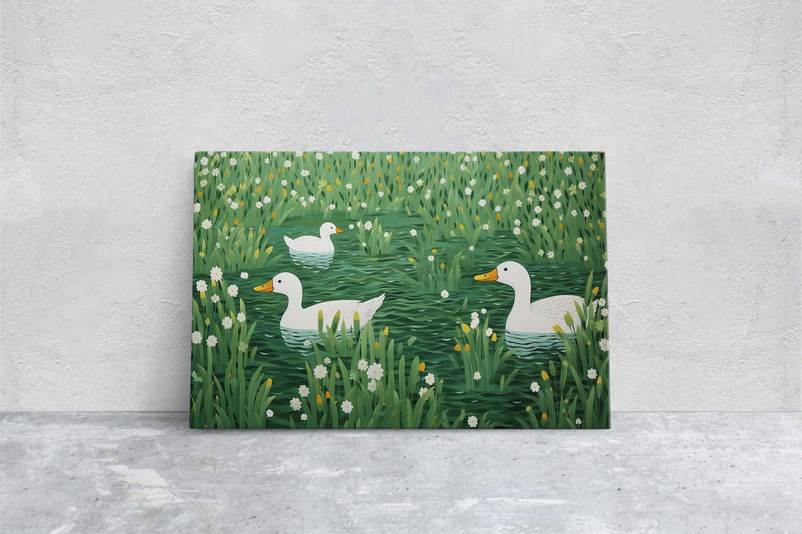 Three White Ducks Swimming Green Pond Reeds Flowers Art Poster