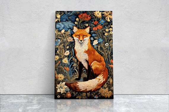 Red Fox Sitting Blue Red Floral Garden William Morris Art Poster