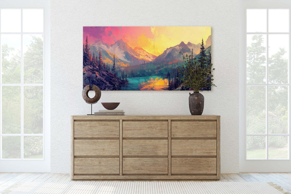 Colorful Mountain Sunrise Over Teal Alpine Lake Vibrant Sunset Poster - Image 2