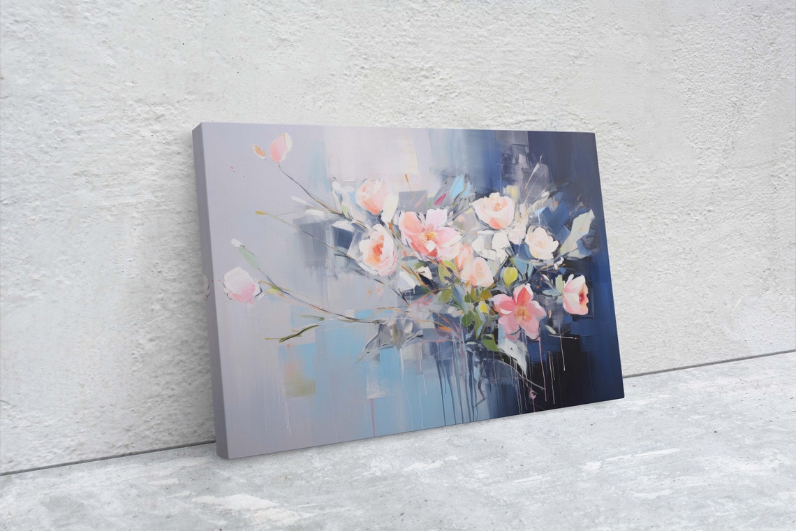 Pale Pink Blossoms Moody Indigo Night Floral Abstract Art Poster - Image 2